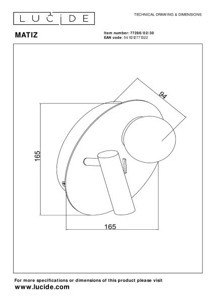 Lucide MATIZ - Lámpara de cabecera / Lámpara de pared - Ø 16,5 cm - LED - 3000K - Con punto de carga USB - Negro - técnico